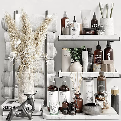 Modern Bathroom Shelves With Organized Towels Daily Cleaning Bottles And Decorative Plants 3d model