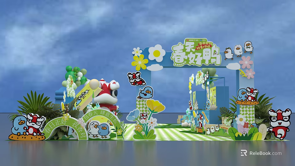 Vibrant Cartoon Spring Decoration Scene with Cute Characters Flowers and Greenery 3d model 