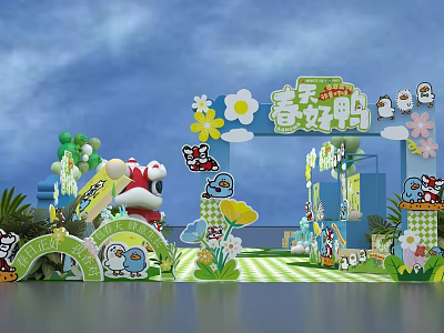 Vibrant Cartoon Spring Decoration Scene with Cute Characters Flowers and Greenery 3d model