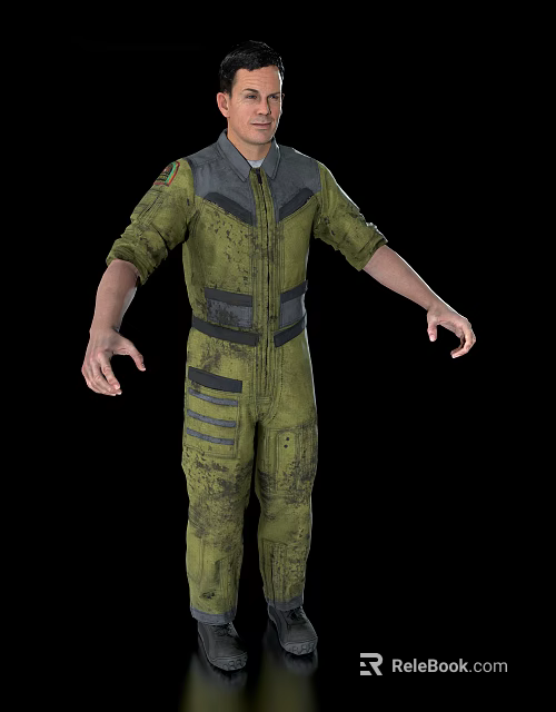 Man Wearing Green Gray Work Coverall With Grunge Texture And Pockets 3d model 