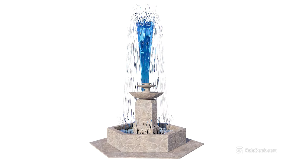 Multi Tiered Decorative Fountain Featuring Blue Water Flow And Stone Base 3d model 