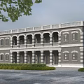 Classical Style Two Story Office Building With Arched Windows Balcony Railings And Greenery