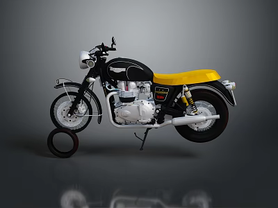 Black and Yellow Motorcycle with Silver Engine Parked on Grey Background and Black Circular Object 3d model