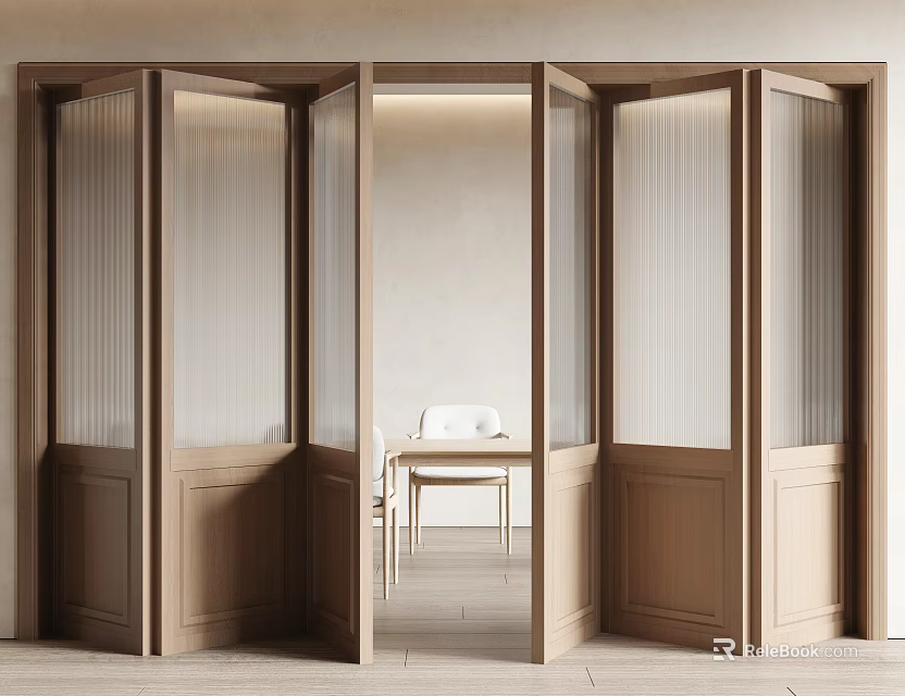 Modern Wooden Folding Doors with Ribbed Glass Panels in Open Interior Space 3d model 