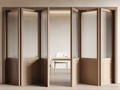 Modern Wooden Folding Doors with Ribbed Glass Panels in Open Interior Space 3d model