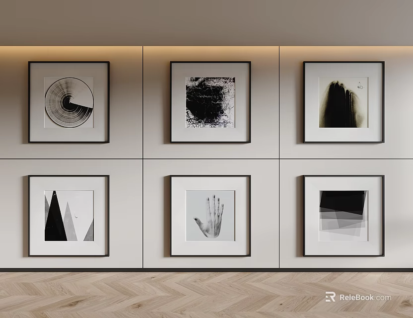 Black And White Abstract Artworks Framed On Wall With Wooden Floor 3d model 