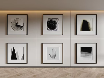 Black And White Abstract Artworks Framed On Wall With Wooden Floor 3d model