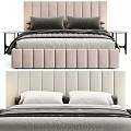 Elegant Double Bed With Vertical Tufted Velvet Headboard Gray Layered Bedspread And Decorative Pillows 3d model