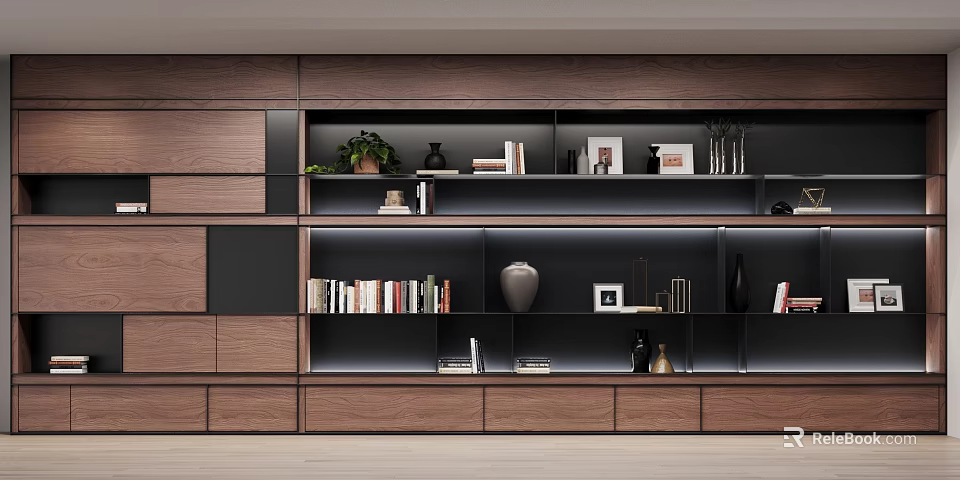 Modern Layered Wooden Bookshelf With Open Shelves Books Decorations And Green Plants 3d model 