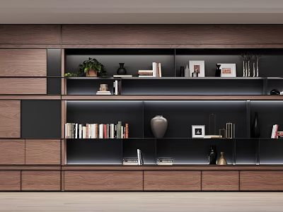 Modern Layered Wooden Bookshelf With Open Shelves Books Decorations And Green Plants 3d model