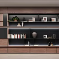 Modern Layered Wooden Bookshelf With Open Shelves Books Decorations And Green Plants