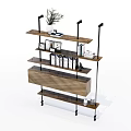 Modern Bookshelf With Wooden Shelves Metal Brackets Books Photo Frames And Potted Plant