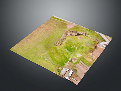 Aerial View of Ancient Ruins in Grassy Field With Surrounding Structures 3d model