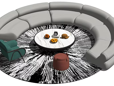 Circular Sofa Set with Round Coffee Table Green Chair Brown Ottoman on Black White Carpet 3d model