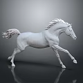 White Horse Sculpture in Running Pose with Gray Background and Black Floor Reflection