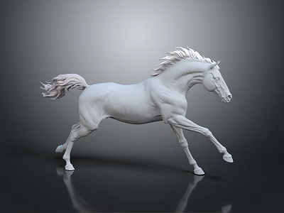 White Horse Sculpture in Running Pose with Gray Background and Black Floor Reflection 3d model