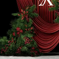 Floral Installation with Red Curtain White X Red Berries Green Foliage and White Wedding Dress