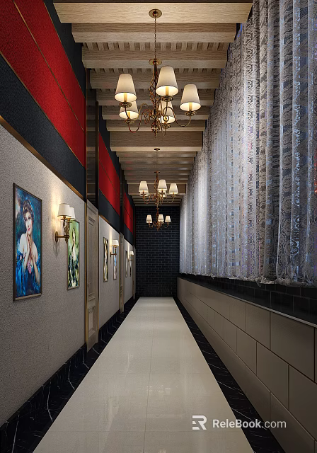 Modern Elevator Hallway With Decorative Paintings Wall Sconces Chandeliers And Curtains 3d model 