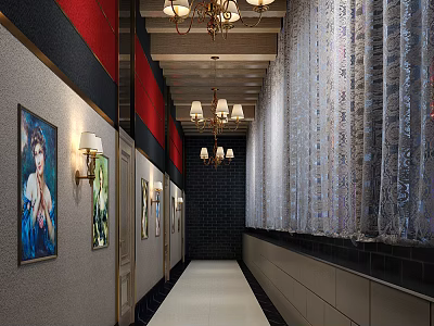 Modern Elevator Hallway With Decorative Paintings Wall Sconces Chandeliers And Curtains 3d model