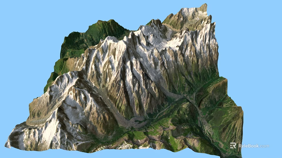 Mountainous Landscape Garden Featuring Snowy Peaks Lush Green Vegetation and Scenic Valleys 3d model 