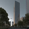 Modern High Rise Office Building With Glass Facade And Urban Green Surroundings