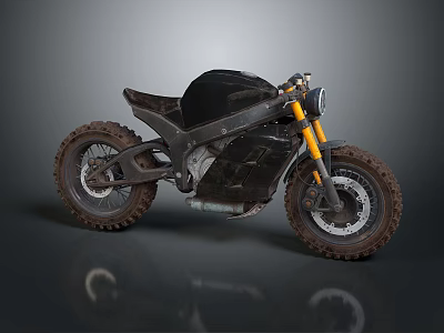 Sleek Black Off Road Motorcycle With Yellow Handlebars And Large Treaded Tires 3d model