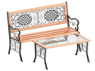 Public Bench With Wooden Slats Ornate Metal Frame And Glass Top Side Table 3d model