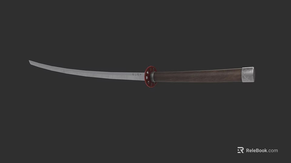 Traditional Samurai Sword With Curved Silver Blade Wooden Handle And Red Accent 3d model 