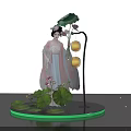 Traditional Costume Figure With Lotus Flowers Leaves Round Lanterns Green Glowing Base Starry Background