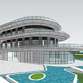 Modern Streamlined Sales Office Building With Curved Façade And Large Glass Windows