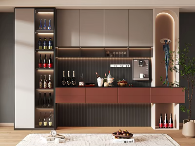 Stylish Modern Wine Cabinet With LED Lighting Multiple Shelves And Wine Bottles 3d model