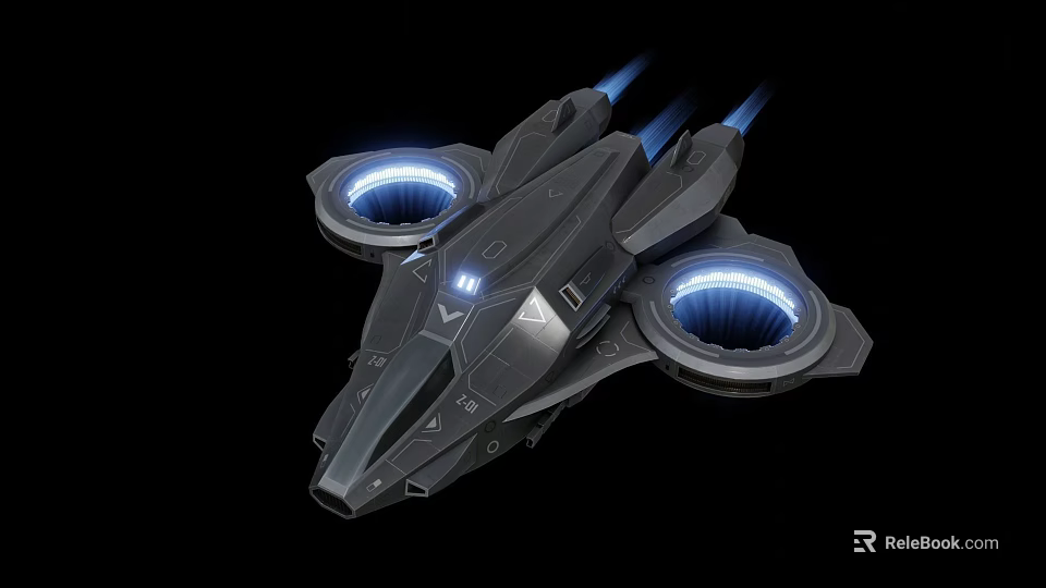 Futuristic Cosmic Spaceship With Blue Glowing Thruster Rings And Streamlined Design 3d model