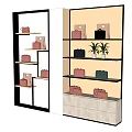 Modern Display Shelves Showcasing Various Colored Handbags and Potted Plants with Bottom Storage Drawers