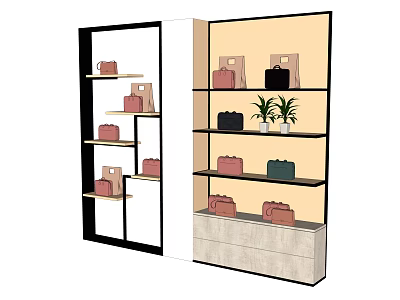 Modern Display Shelves Showcasing Various Colored Handbags and Potted Plants with Bottom Storage Drawers 3d model