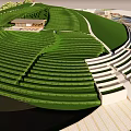 Scenic Green Hillside Landscape With Terraced Fields Pond Winding Path Small Building Under Blue Sky