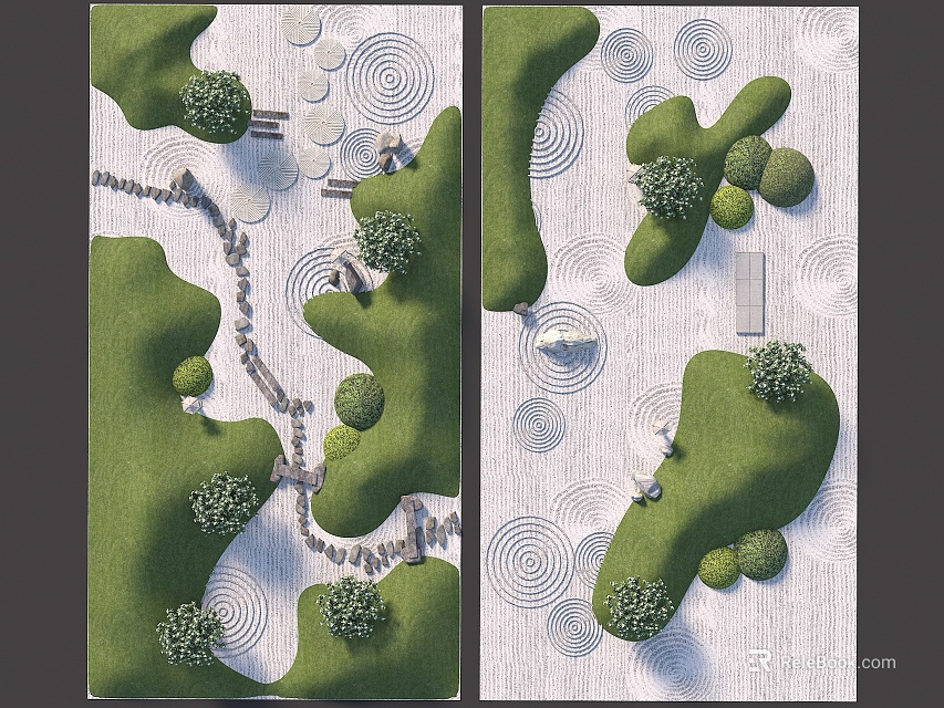 Traditional Karesansui Dry Landscape Garden With Raked Gravel Moss And Rock Arrangements 3d model 