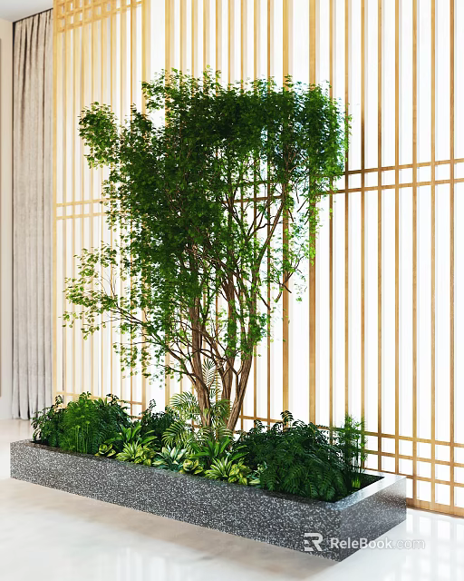 Lush Green Bonsai Potted Plant With Surrounding Foliage And Wooden Lattice Backdrop 3d model 