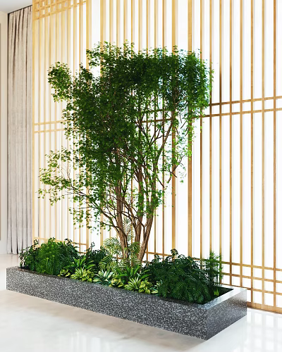 Lush Green Bonsai Potted Plant With Surrounding Foliage And Wooden Lattice Backdrop 3d model