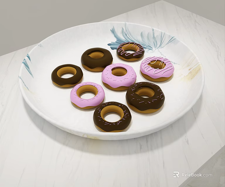 Assorted Donuts with Chocolate Pink Frosting on White Plate with Blue Gold Patterns on Countertop 3d model 