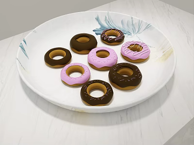 Assorted Donuts with Chocolate Pink Frosting on White Plate with Blue Gold Patterns on Countertop 3d model