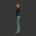 Red Haired Person In Black Top And Green Pants With Arms Outstretched On Gray Background