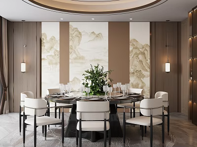 Private Dining Room Interior With Round Table And Landscape Art 3d model