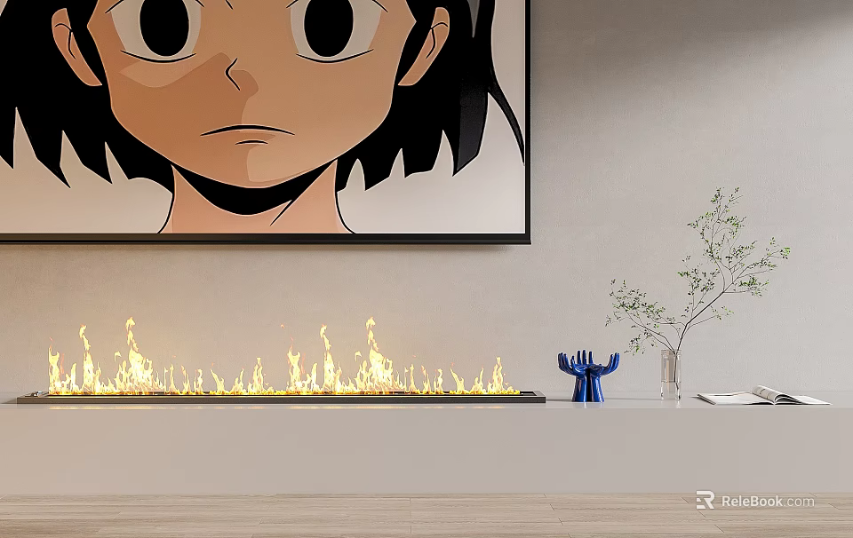 Modern Fireplace With Flames And Large Artwork Blue Sculpture Plant On Light Wall Wooden Floor 3d model 