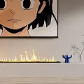Modern Fireplace With Flames And Large Artwork Blue Sculpture Plant On Light Wall Wooden Floor