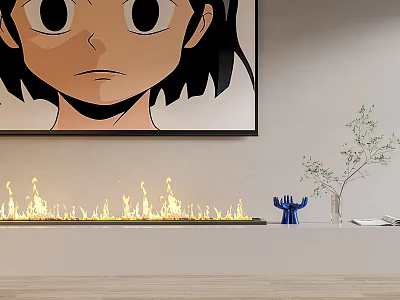 Modern Fireplace With Flames And Large Artwork Blue Sculpture Plant On Light Wall Wooden Floor 3d model