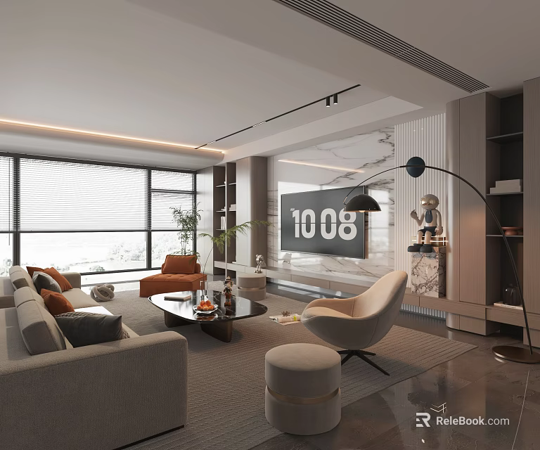 Modern Stylish Luxury Living Room With Comfortable Furniture And Bright Panoramic Window Interior Design 3d model 