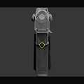 Close Up View Of Silver Metallic Pistol Weapon With Detailed Design And Floating Bullet