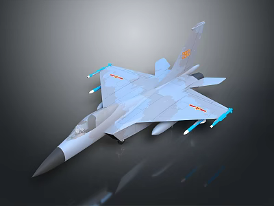 Gray Fighter Jet Model with Blue Missiles Under Wings and Yellow Tail Emblem 3d model