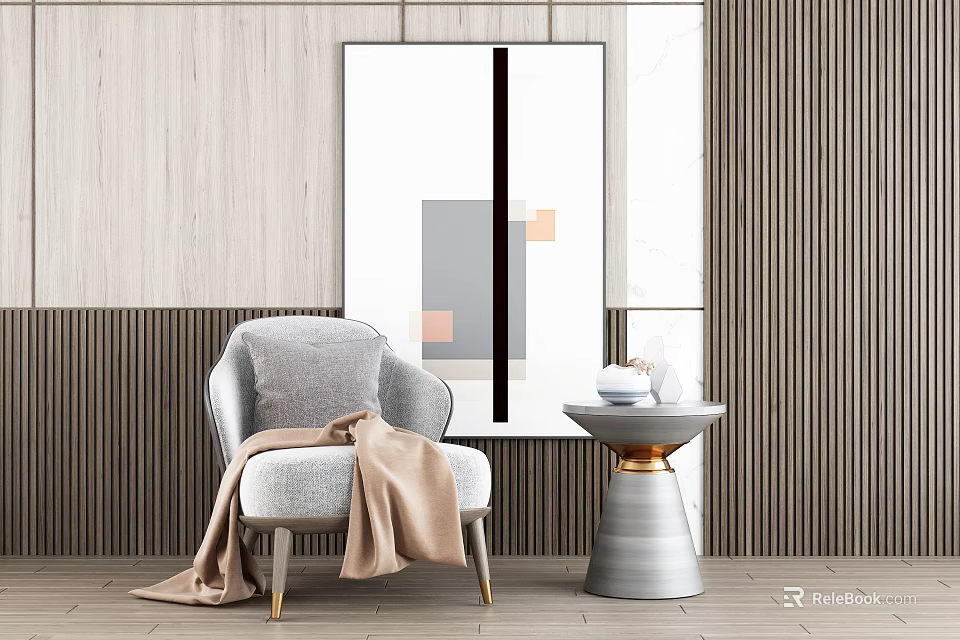 Gray Single Sofa with Beige Blanket Side Table Wooden Wall Abstract Painting 3d model 