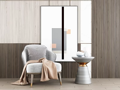Gray Single Sofa with Beige Blanket Side Table Wooden Wall Abstract Painting 3d model